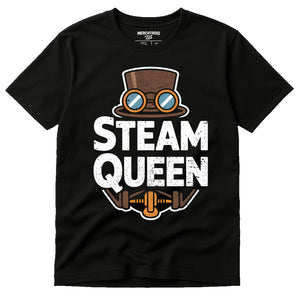 Black Steampunk Shirts - "Steam Queen" graphic tee with white print, flat lay product photo