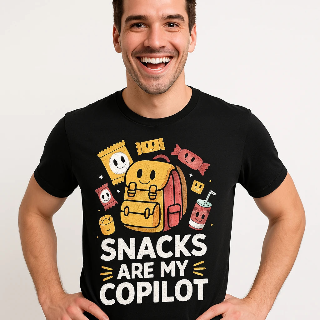 Close-up of the "Snacks Are My Copilot" gold print on a premium Bella+Canvas black adventure tshirt