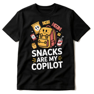 Black Adventure Tshirt - "Snacks Are My Copilot" graphic tee with gold print, flat lay product photo