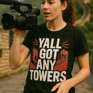 "Yall Got Any Towers" black china t shirt - a birthday gift for the great wall of china lover