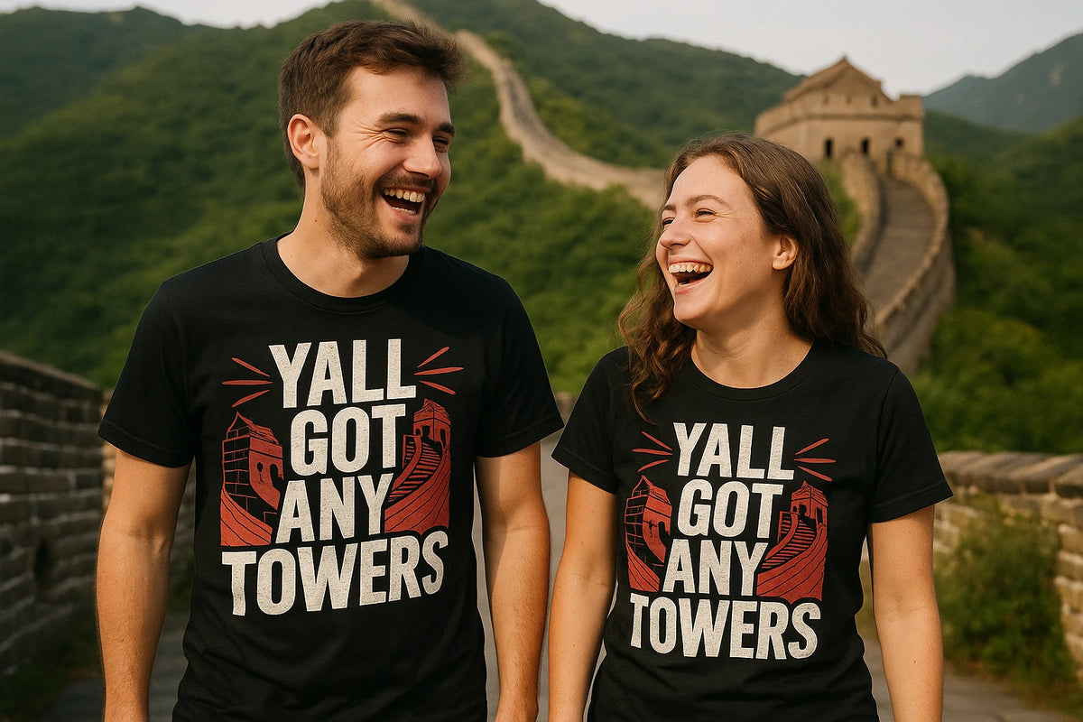 Person wearing the black china t shirt graphic tee - "Yall Got Any Towers" design