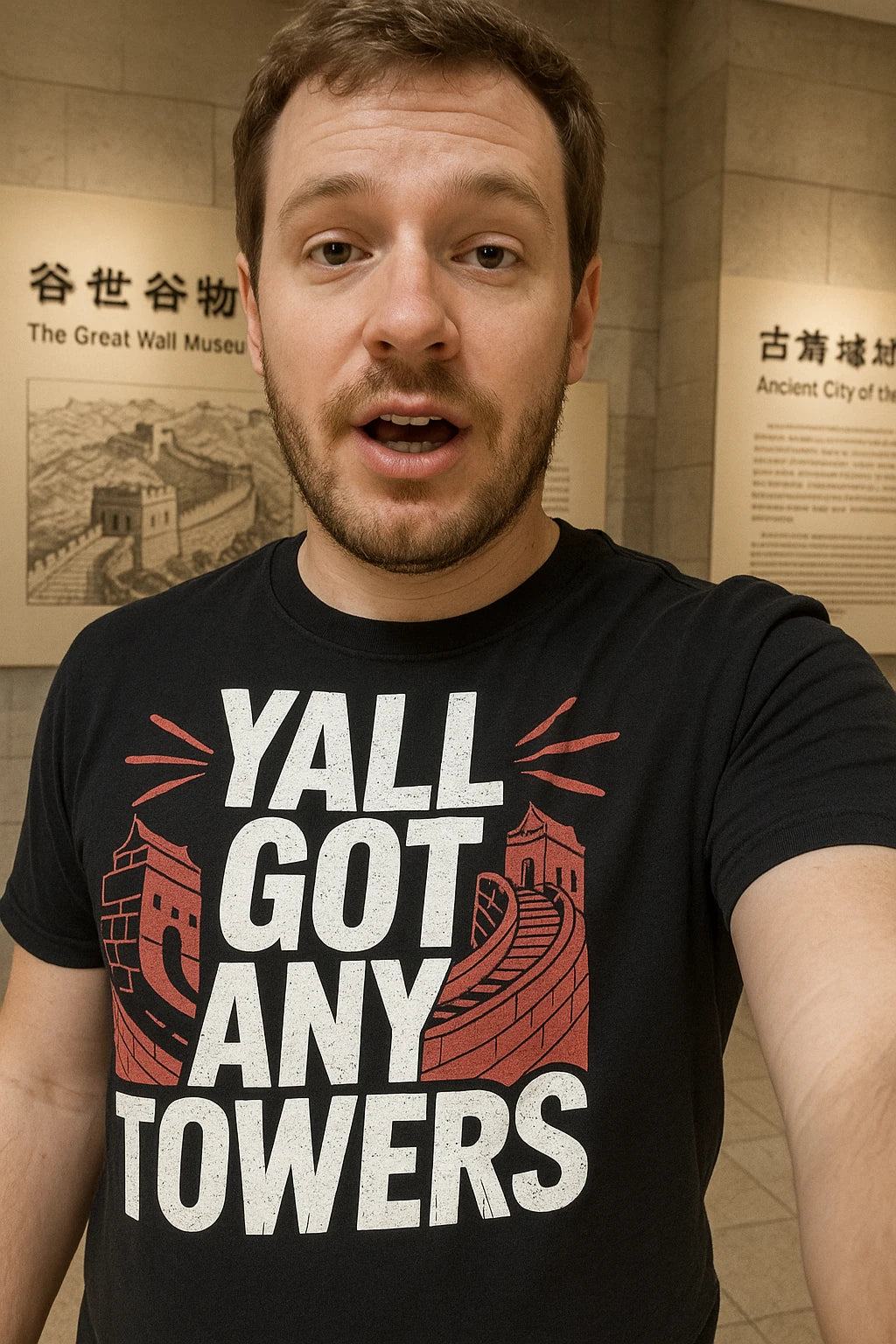 "Yall Got Any Towers" black china t shirt, photographed as the great wall of china lover gift