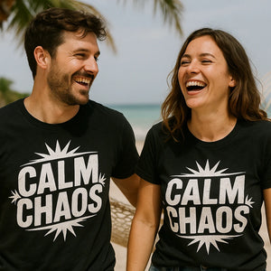 Person wearing the black relaxing t shirt graphic tee - "Calm Chaos" design