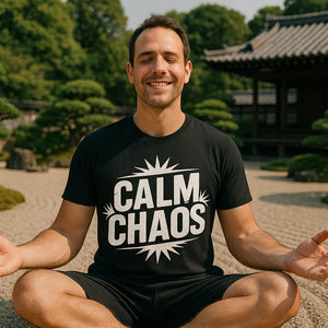 Lifestyle shot of the "Calm Chaos" black relaxing t shirt in a real-world setting