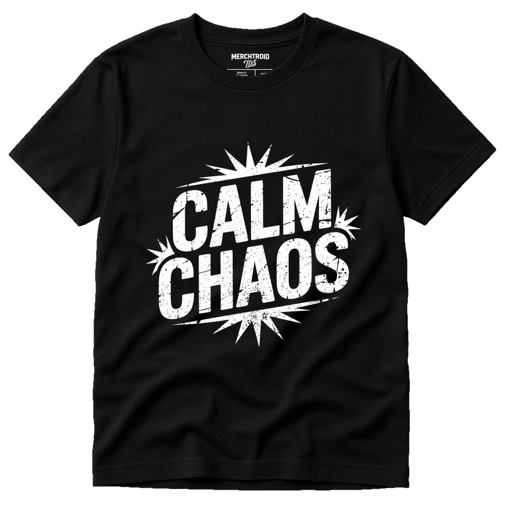 Black Relaxing T Shirt - "Calm Chaos" graphic tee with white print, flat lay product photo