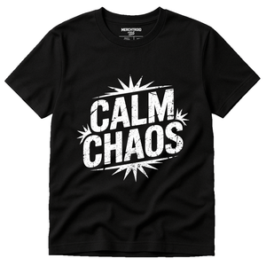 Black Relaxing T Shirt - "Calm Chaos" graphic tee with white print, flat lay product photo