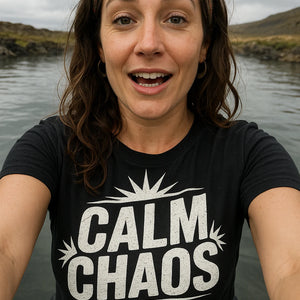 "Calm Chaos" black relaxing t shirt, photographed as relaxing lover gift