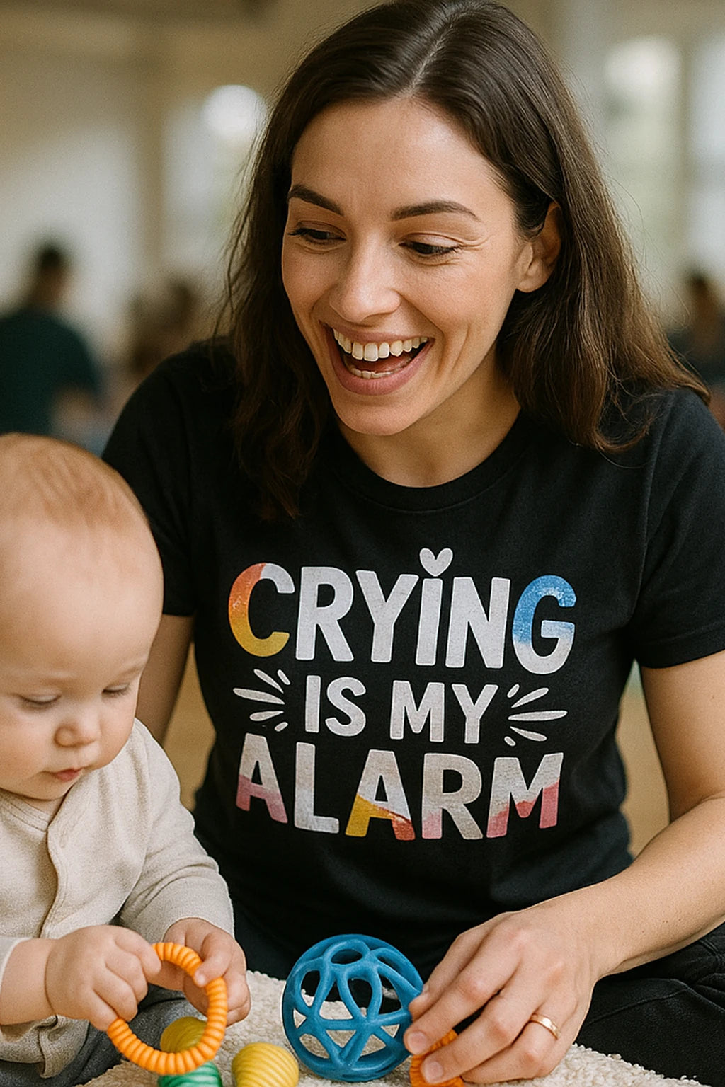 "Crying Is My Alarm" black new parents shirts, photographed as new parents lover gift