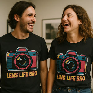 Person wearing the black photographers shirts graphic tee - "Lens Life Bro" design