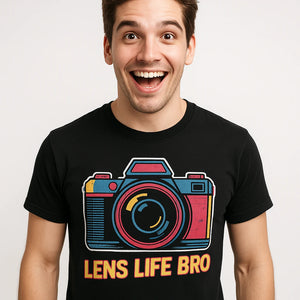Close-up of the "Lens Life Bro" tan print on a premium Bella+Canvas black photographers shirts