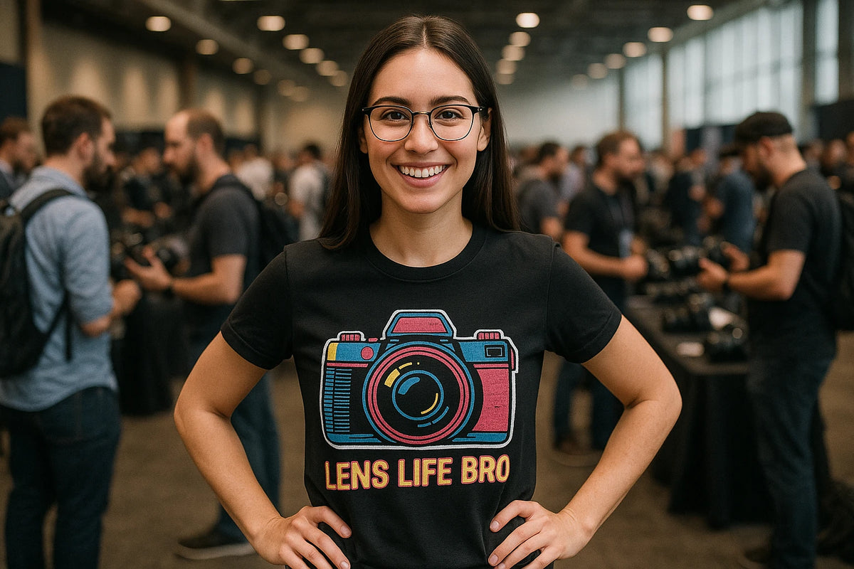 Lifestyle shot of the "Lens Life Bro" black photographers shirts in a real-world setting