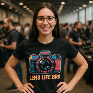 Lifestyle shot of the "Lens Life Bro" black photographers shirts in a real-world setting