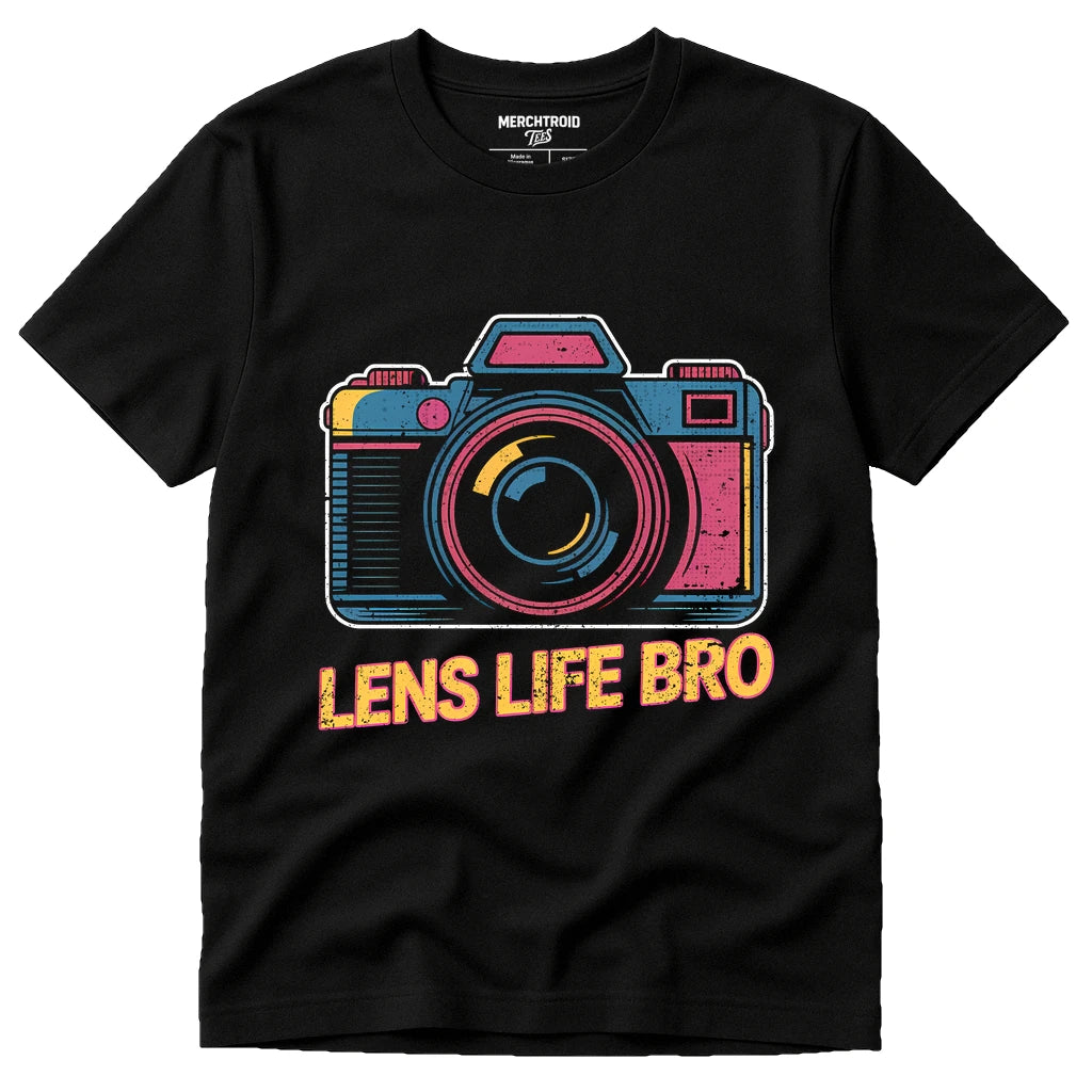Black Photographers Shirts - "Lens Life Bro" graphic tee with tan print, flat lay product photo