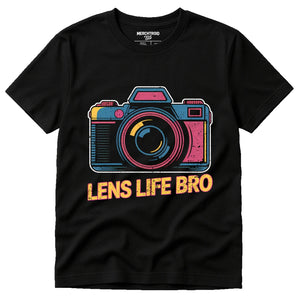 Black Photographers Shirts - "Lens Life Bro" graphic tee with tan print, flat lay product photo