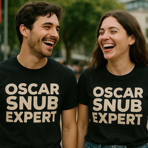 Person wearing the black graphic tee graphic tee - "Oscar Snub Expert" design