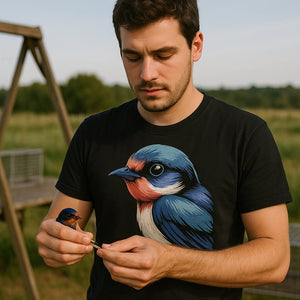 Lifestyle shot of the "It Ain'T Easy Being a Swallow" black t shirt i swallow in a real-world setting