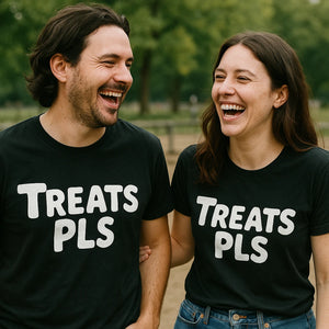 Person wearing the black personalized shirts for dog lovers graphic tee - "Treats Pls" design