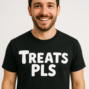 Close-up of the "Treats Pls" white print on a premium Bella+Canvas black personalized shirts for dog lovers