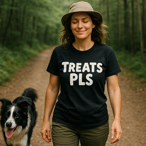 Lifestyle shot of the "Treats Pls" black personalized shirts for dog lovers in a real-world setting