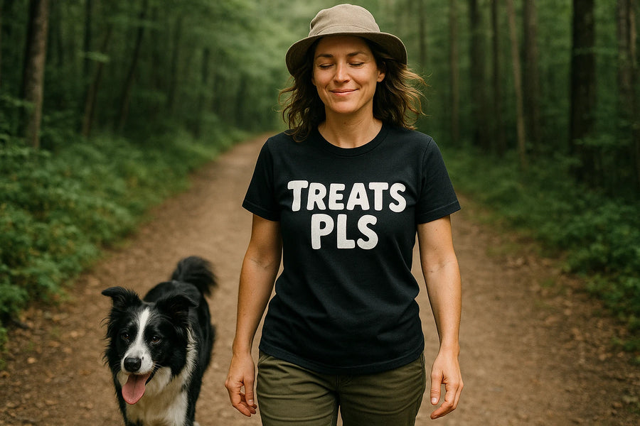 A person with long hair wearing a beige hat and a black t-shirt with the text "TREATS PLS" walks along a forest path. Next to them is a black and white dog panting happily. The background shows a lush, green forest.