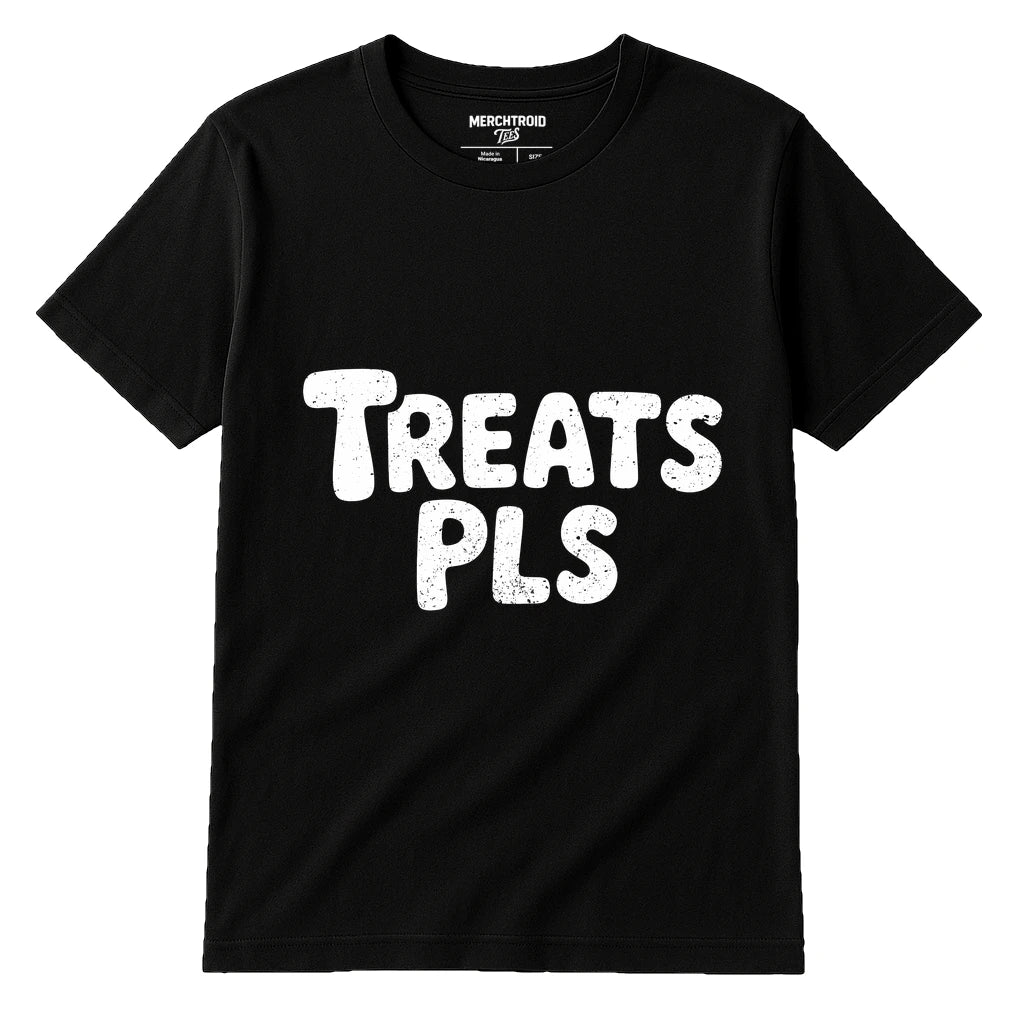 A black t-shirt with white text reading "TREATS PLS" in a bold, playful font. The shirt is displayed on a plain white background.