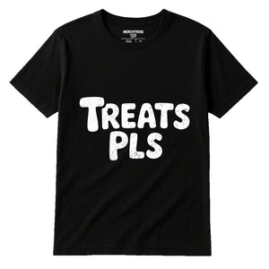 Black Personalized Shirts For Dog Lovers - "Treats Pls" graphic tee with white print, flat lay product photo