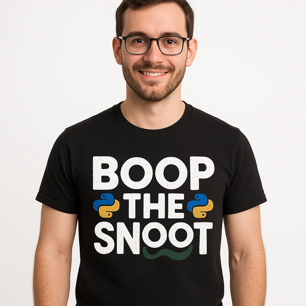 Close-up of the "Boop the Snoot" white print on a premium Bella+Canvas black python t shirt