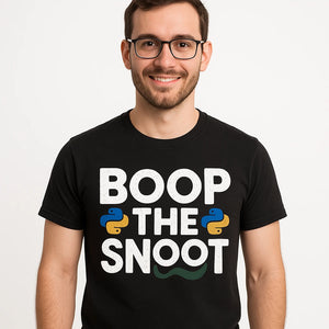 Close-up of the "Boop the Snoot" white print on a premium Bella+Canvas black python t shirt