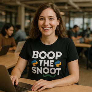 Lifestyle shot of the "Boop the Snoot" black python t shirt in a real-world setting