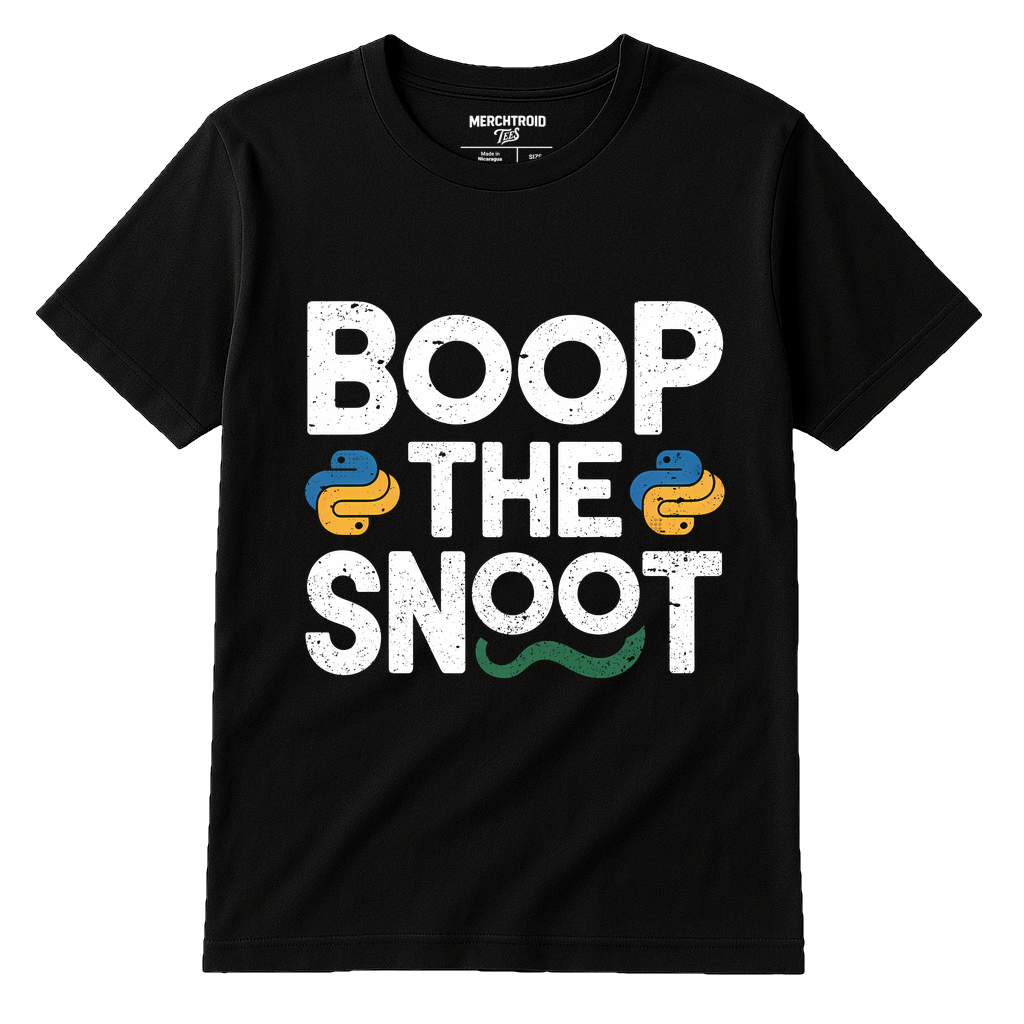 Black Python T Shirt - "Boop the Snoot" graphic tee with white print, flat lay product photo