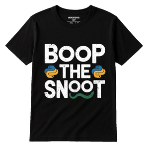 Black Python T Shirt - "Boop the Snoot" graphic tee with white print, flat lay product photo