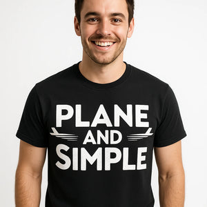 Close-up of the "Plane and Simple" white print on a premium Bella+Canvas black flying squirrel t shirt