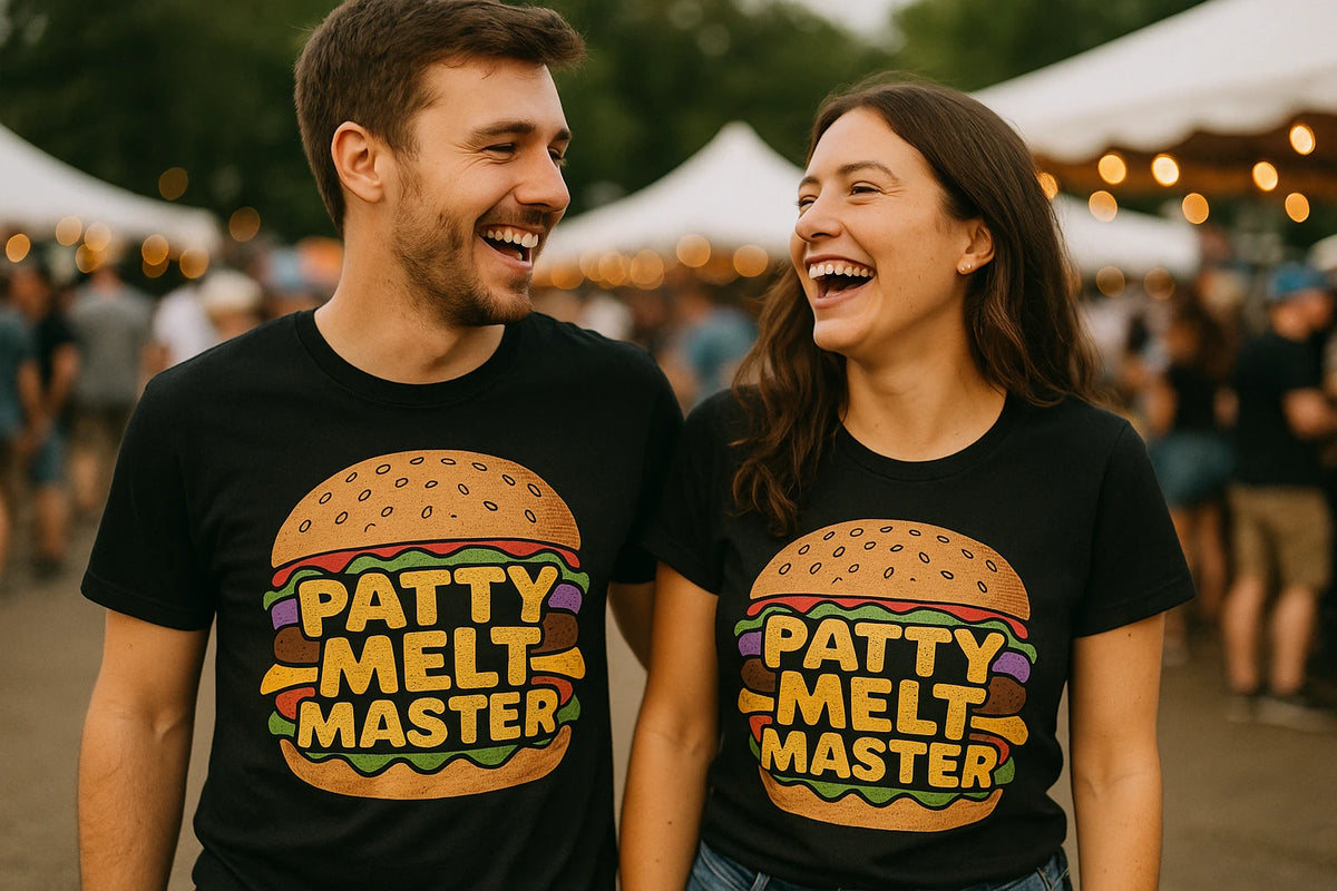 Person wearing the black burgers t shirt graphic tee - "Patty Melt Master" design