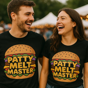 Person wearing the black burgers t shirt graphic tee - "Patty Melt Master" design