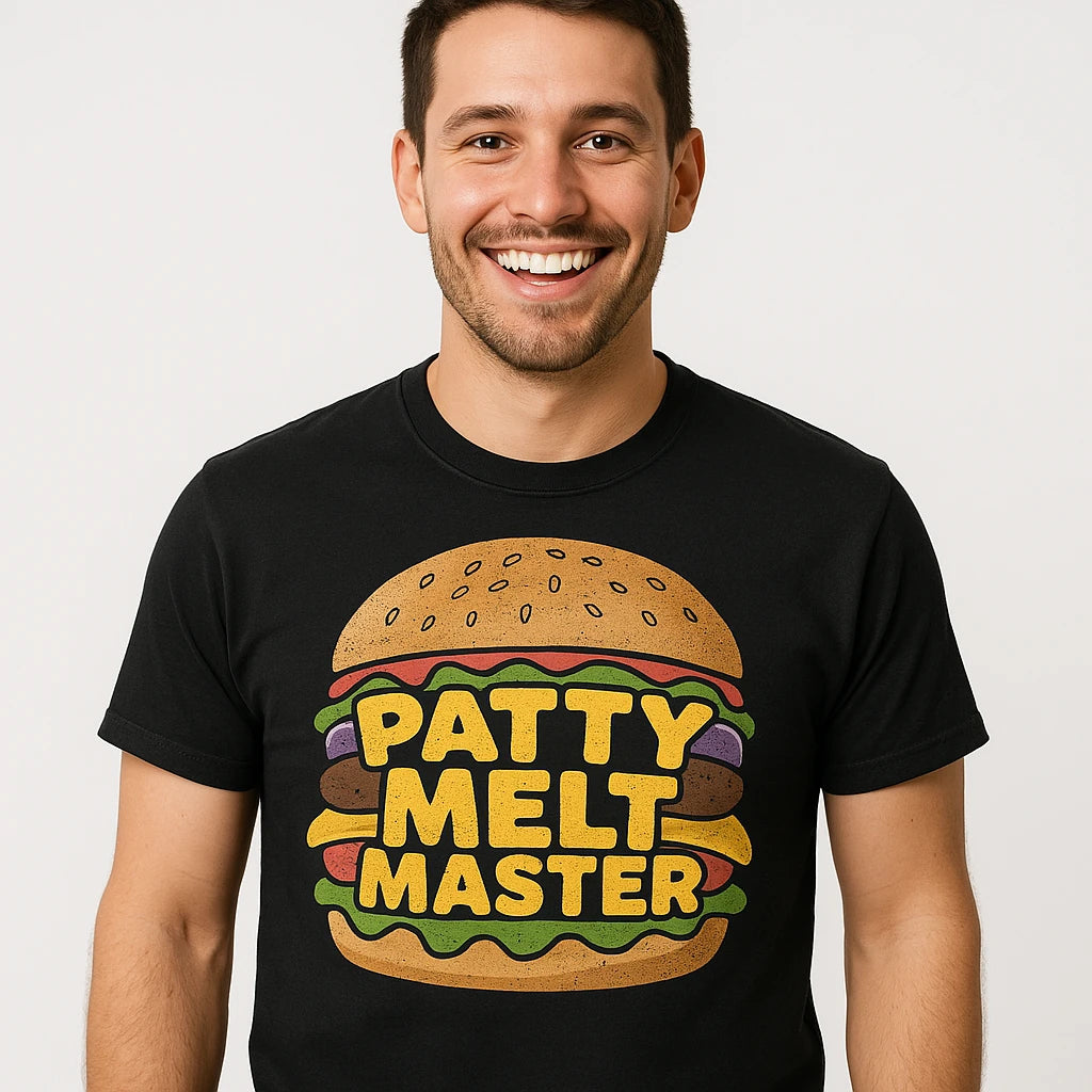 Close-up of the "Patty Melt Master" gold print on a premium Bella+Canvas black burgers t shirt