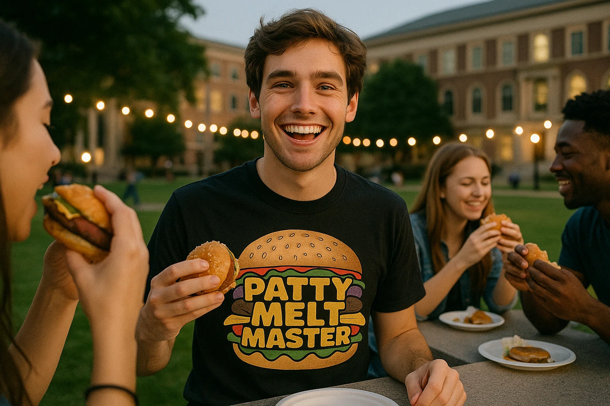 Lifestyle shot of the "Patty Melt Master" black burgers t shirt in a real-world setting