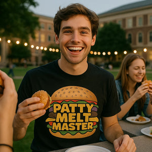 Lifestyle shot of the "Patty Melt Master" black burgers t shirt in a real-world setting