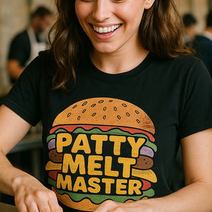 "Patty Melt Master" black burgers t shirt, photographed as burgers lover gift