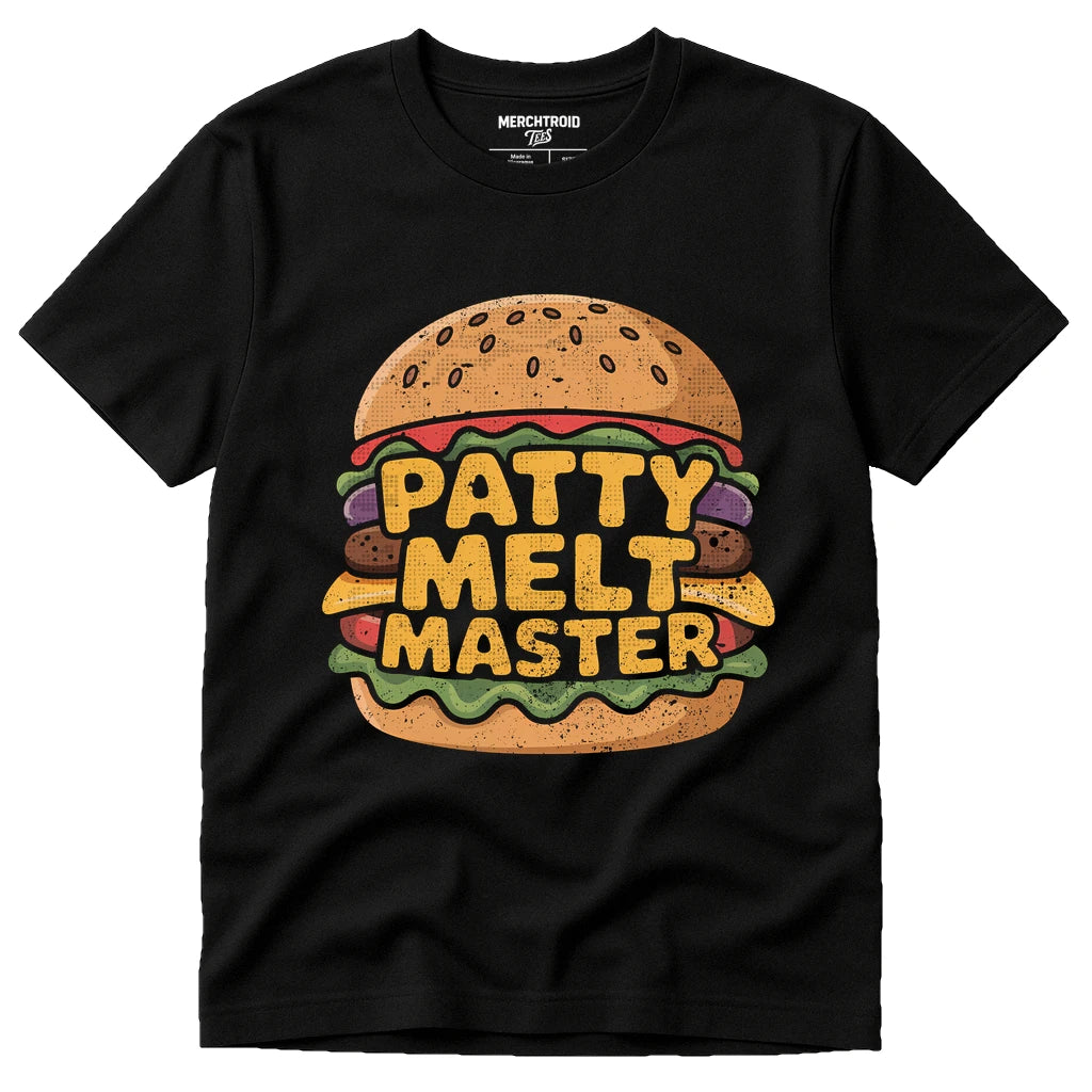 Black Burgers T Shirt - "Patty Melt Master" graphic tee with gold print, flat lay product photo
