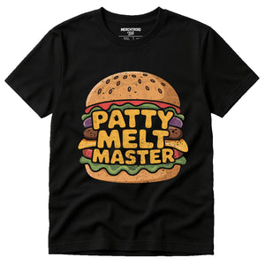 Black Burgers T Shirt - "Patty Melt Master" graphic tee with gold print, flat lay product photo