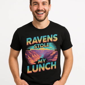 Close-up of the "Ravens Stole My Lunch" gray print on a premium Bella+Canvas black i hiked the grand canyon t shirt