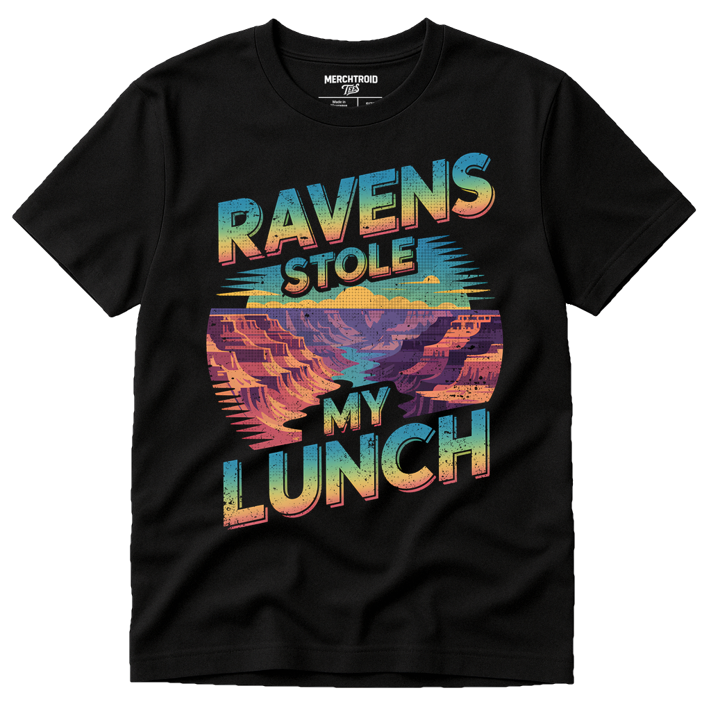Black I Hiked The Grand Canyon T Shirt - "Ravens Stole My Lunch" graphic tee with gray print, flat lay product photo