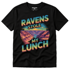 Black I Hiked The Grand Canyon T Shirt - "Ravens Stole My Lunch" graphic tee with gray print, flat lay product photo