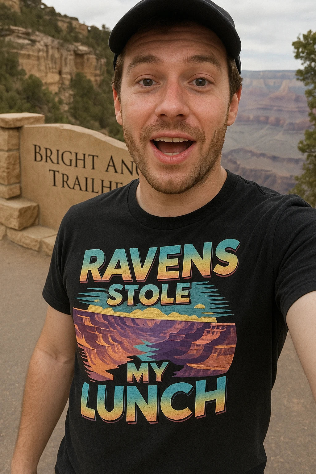 "Ravens Stole My Lunch" black i hiked the grand canyon t shirt, photographed as the grand canyon lover gift