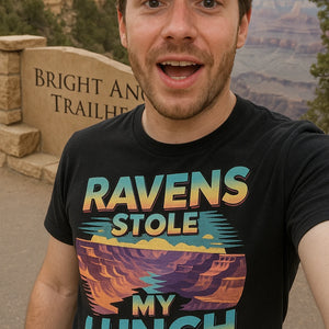 "Ravens Stole My Lunch" black i hiked the grand canyon t shirt, photographed as the grand canyon lover gift