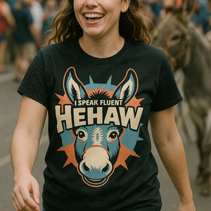 "I Speak Fluent Hehaw" black donkey t shirt, photographed as gift for donkey lover