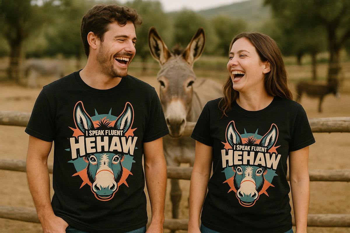 Person wearing the black donkey t shirt graphic tee - "I Speak Fluent Hehaw" design