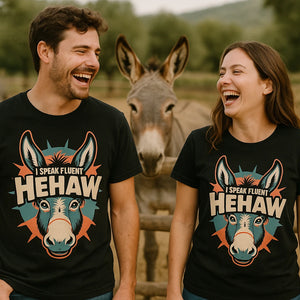Person wearing the black donkey t shirt graphic tee - "I Speak Fluent Hehaw" design