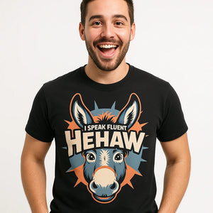 Close-up of the "I Speak Fluent Hehaw" gray print on a premium Bella+Canvas black donkey t shirt