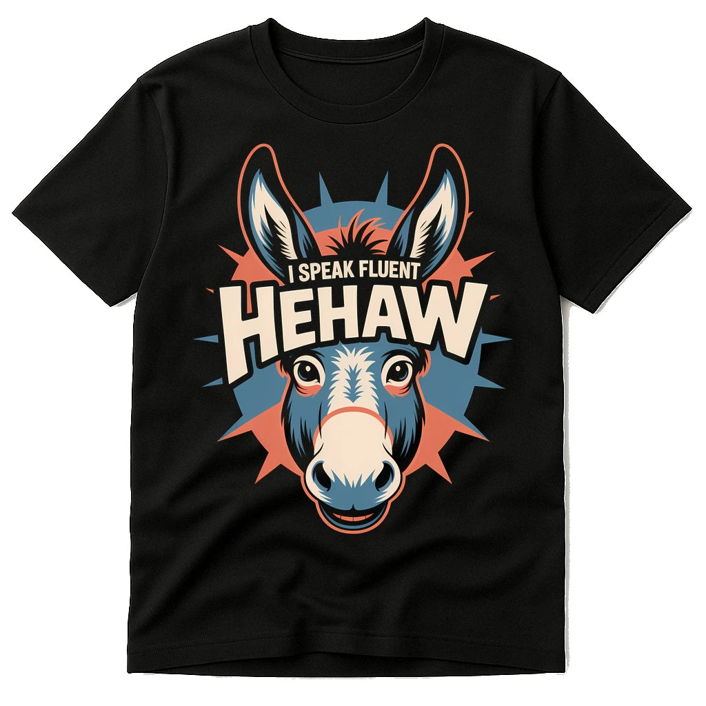 Black Donkey T Shirt - "I Speak Fluent Hehaw" graphic tee with gray print, flat lay product photo